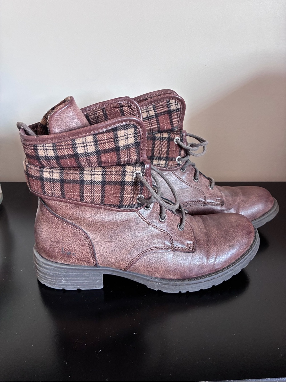 b.o.c. Brown Plaid Fold-Over Combat Boots